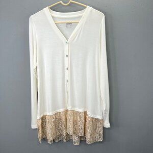 Logo Layers Tunic Cardigan Top S Cream Beige Lace Trim Boho Romantic Long Sleeve
